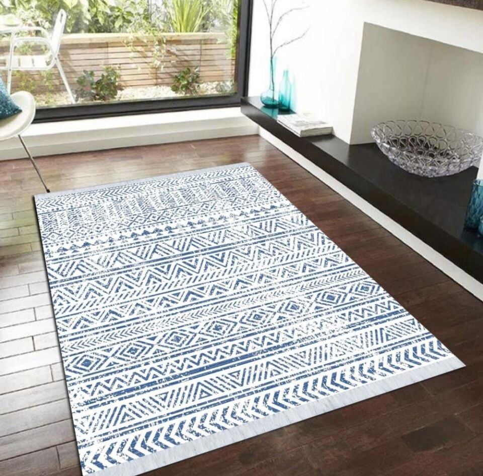Nova 4084 Mavi Beyaz Kaydırmaz Kilim