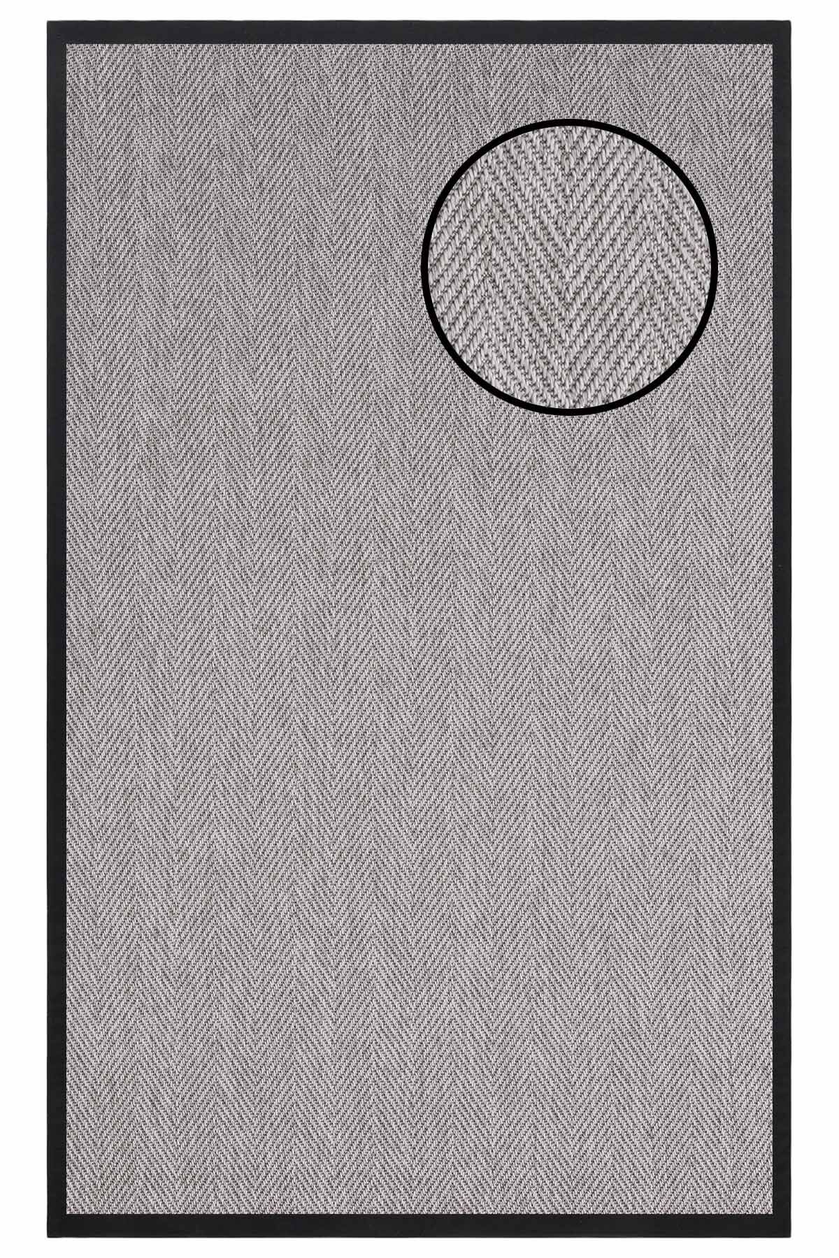3665 Gri Balık Sırtı Dokulu Sisal Halı Siyah Bordür - 80x300