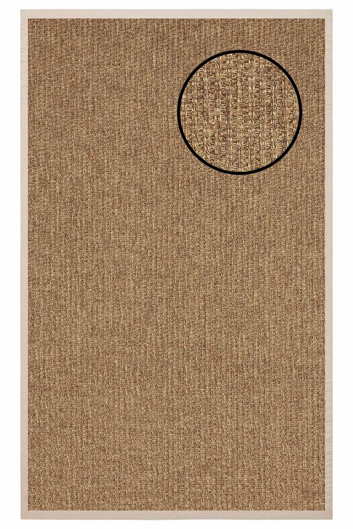 5666 Kahve Hasır Dokulu Sisal Halı Bej Bordür - 200x290